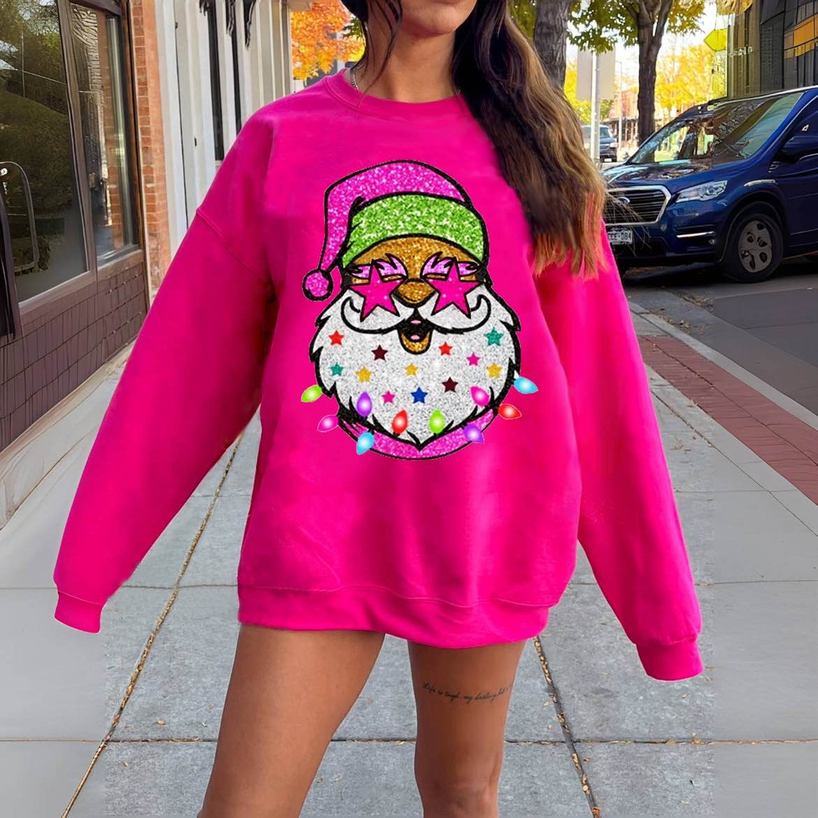 Trendy Pink Santa With Sunglasses Sweatshirt