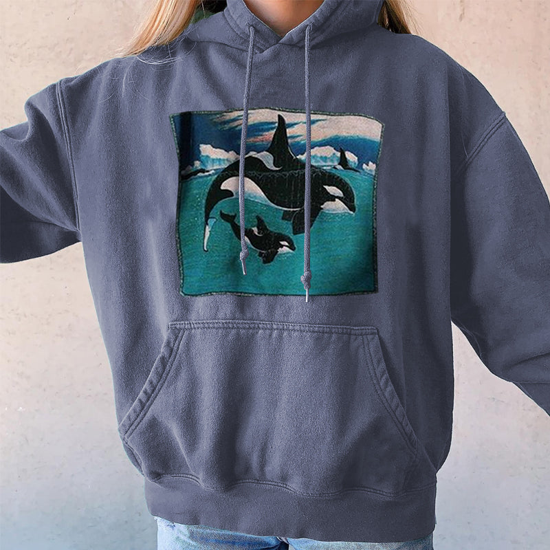 Retro Surf Casual Orca Shark Print Hoodie
