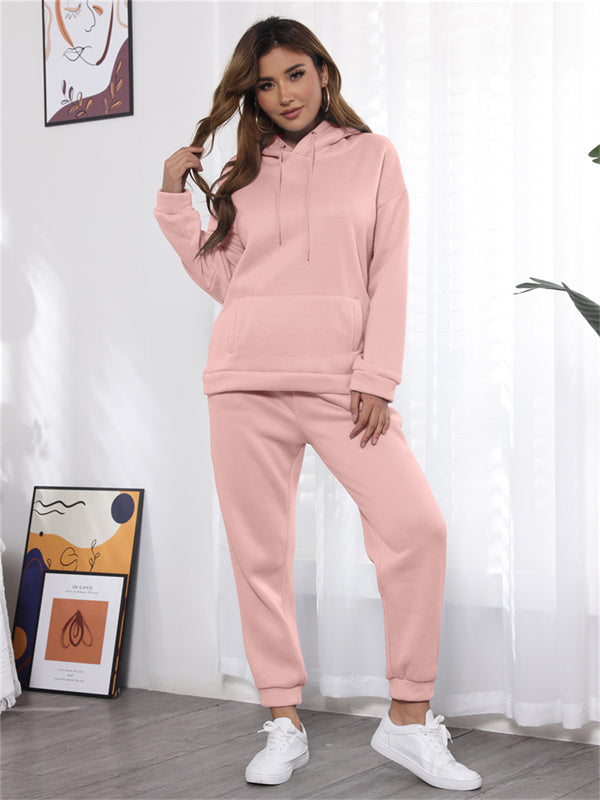 Casual Fleece Home Outfits Hooded Sweatshirt Set